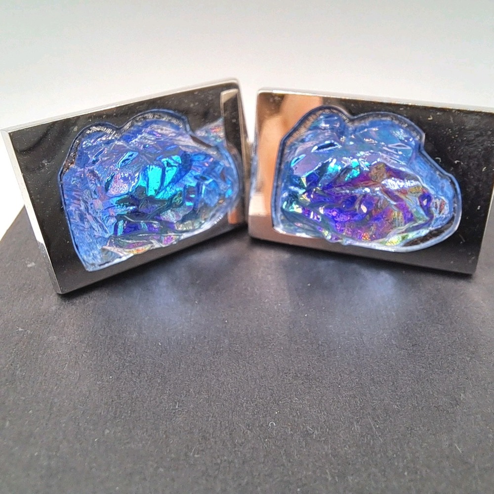 Vintage Sarah Coventry Iridescent Blue Art Glass Cufflinks Foster Silver Tone MC